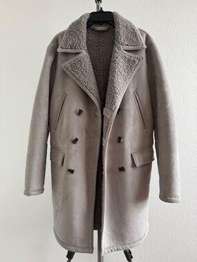 Zara Double-Breasted Shearling Pea Coat in Light Gray